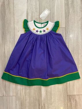 NWT Lil Cactus Vibrant Purple Smocked Mardi Gras Star Bishop Dress girls 2T